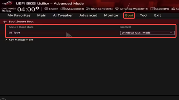 安全啟動(dòng)設(shè)置為開啟